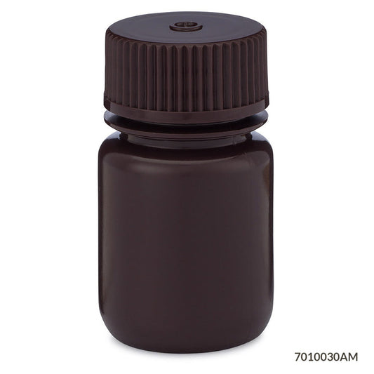 Globe Scientific 7010030AM Bottle Wide Mouth HDPE Bottle Attached PP Screw Cap Amber 30mL 12/Pack