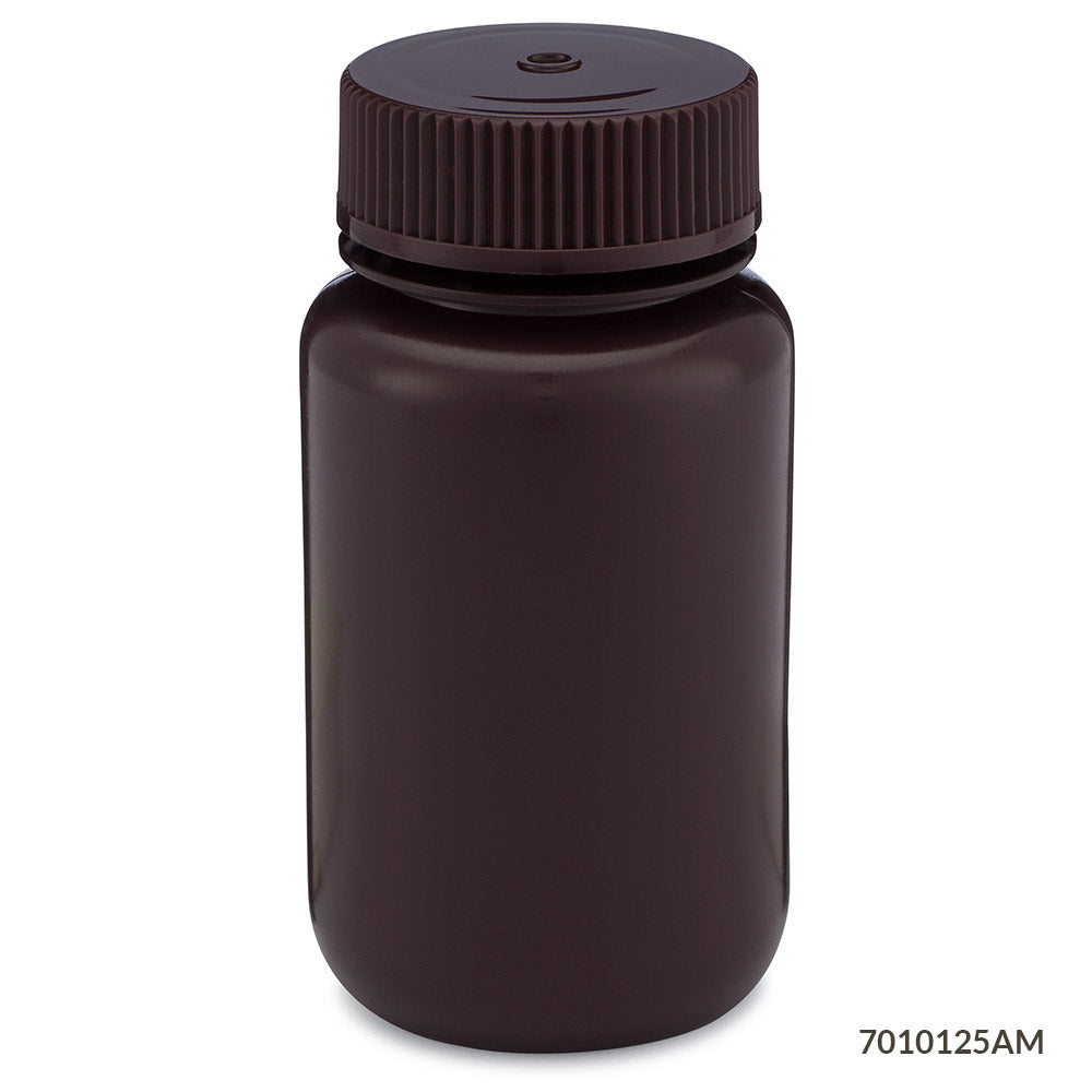 Globe Scientific 7010125AM Bottle Wide Mouth HDPE Bottle Attached PP Screw Cap Amber 125mL 12/Pack