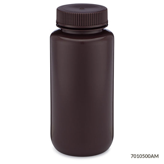 Globe Scientific 7010500AM Bottle Wide Mouth HDPE Bottle Attached PP Screw Cap Amber 500mL 12/Pack