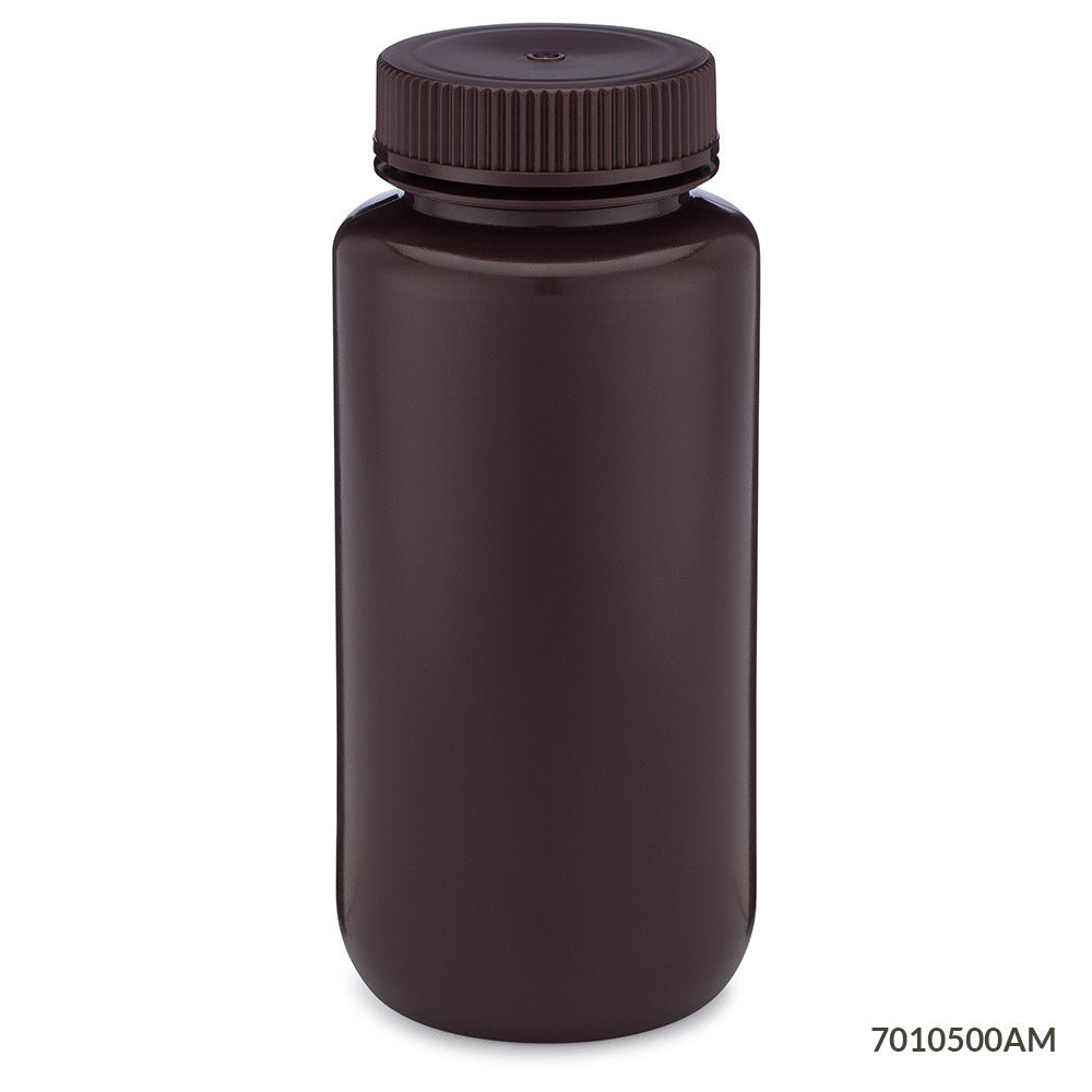 Globe Scientific 7011000AM Bottle Wide Mouth HDPE Bottle Attached PP Screw Cap Amber 1000mL 6/Pack