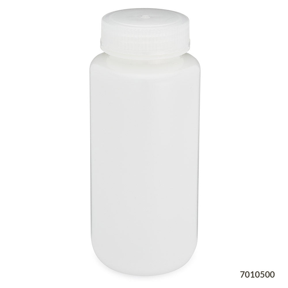 Globe Scientific 7010500 Bottle Wide Mouth HDPE Bottle Attached PP Screw Cap 500mL 12/Pack