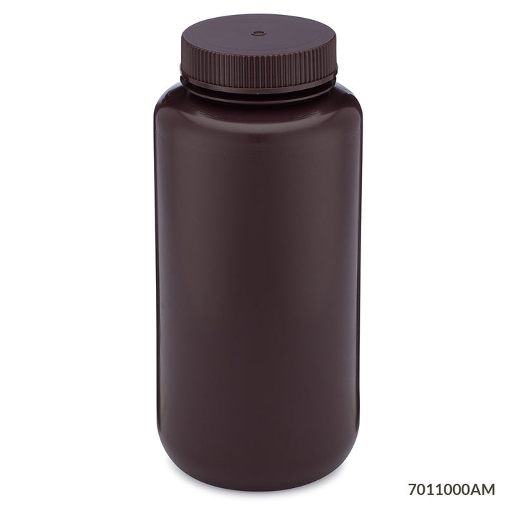 Globe Scientific 7011000AM Bottle Wide Mouth HDPE Bottle Attached PP Screw Cap Amber 1000mL 6/Pack