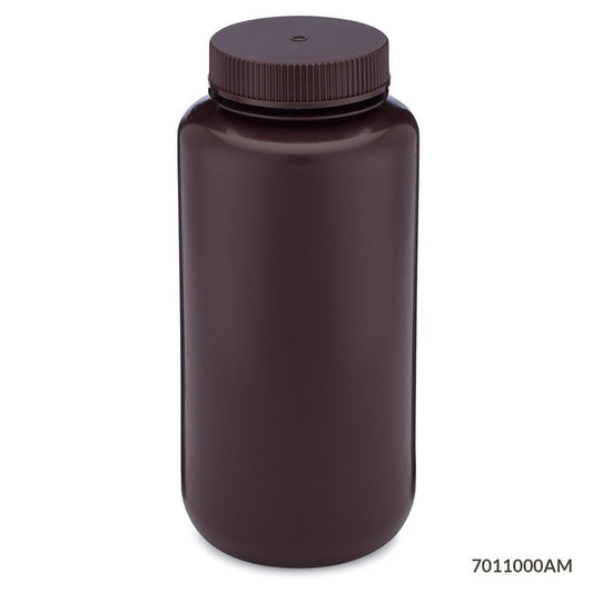 Globe Scientific 7011000AM Bottle Wide Mouth HDPE Bottle Attached PP Screw Cap Amber 1000mL 6/Pack