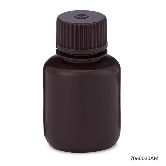 Globe Scientific 7060030AM Bottle Narrow Mouth HDPE Bottle Attached PP Screw Cap Amber 30mL 12/Pack