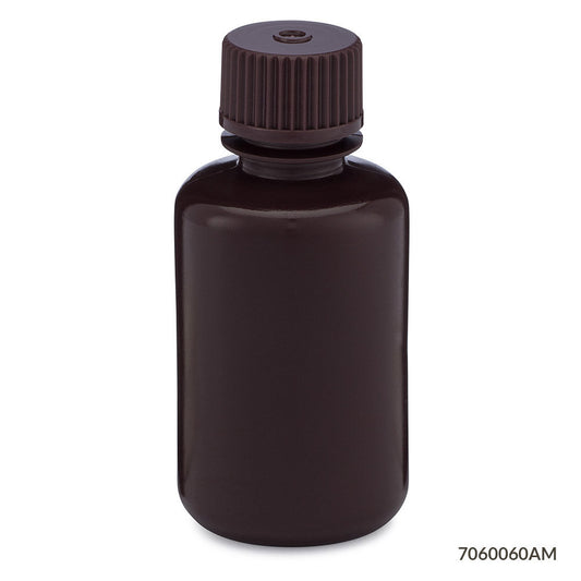 Globe Scientific 7060060AM Bottle Narrow Mouth HDPE Bottle Attached PP Screw Cap Amber 60mL 12/Pack