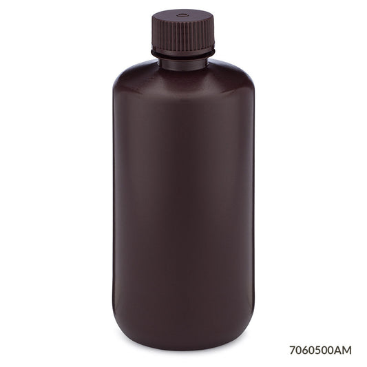 Globe Scientific 7060500AM Bottle Narrow Mouth HDPE Bottle Attached PP Screw Cap Amber 500mL 12/Pack
