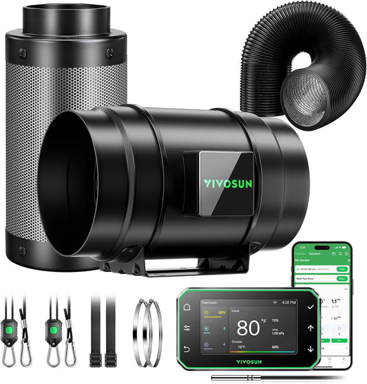 Vivosun Smart Air Filtration PRO G8 Kit 8", AeroZesh G8 Inline Duct Fan w/GrowHub E42A+ Temperature Humidity WiFi-Controller, Carbon Filter & Ducting, Cooling & Ventilation for Grow Tent, Hydroponics