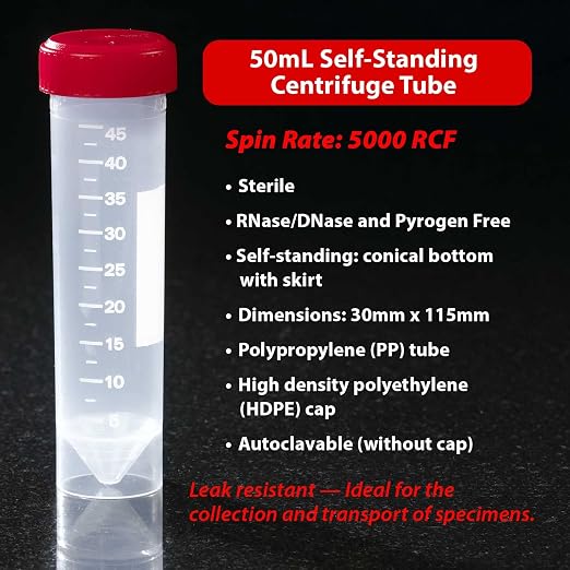 Globe Scientific 6256 Transport Tube 50mL with Attached Red Screw Cap PP Printed Graduations Conical Bottom Self-Standing STERILE 25/Bag 20 Bags/Unit