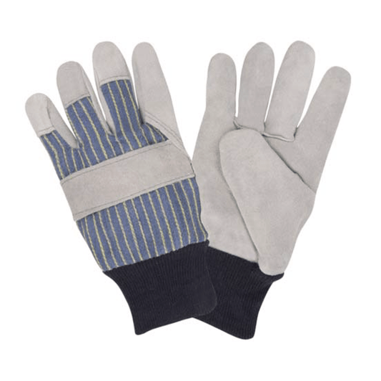 Cordova Safety 7140L Leather Palm Gloves, Select Shoulder Split Leather, Gunn Cut Pattern, Leather Fingertips, Index & Thumb, Knuckle Strap, Striped Canvas Back, Heavy Weight, Blue Knit Wrist