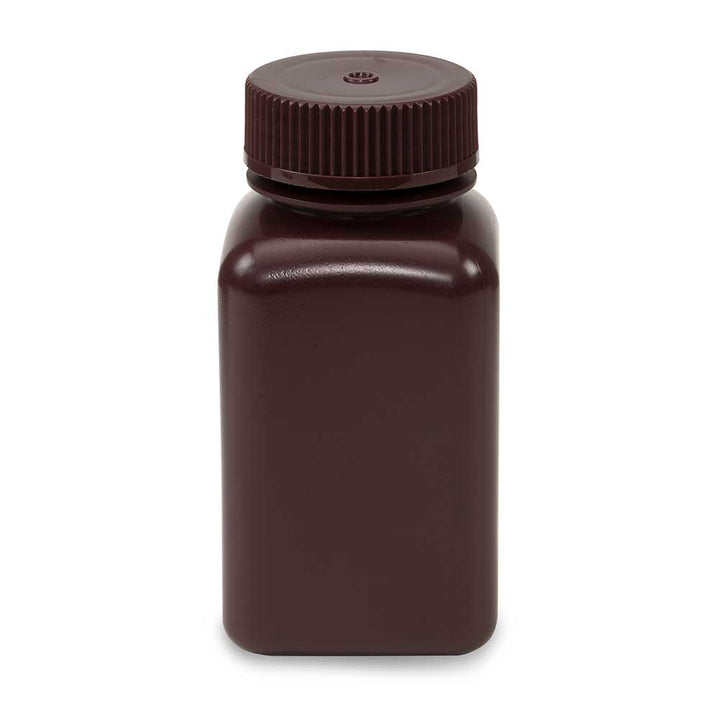 Globe Scientific 7180250AM Bottle Wide Mouth Square Amber HDPE Attached PP Screw Cap 250mL 12/Pack