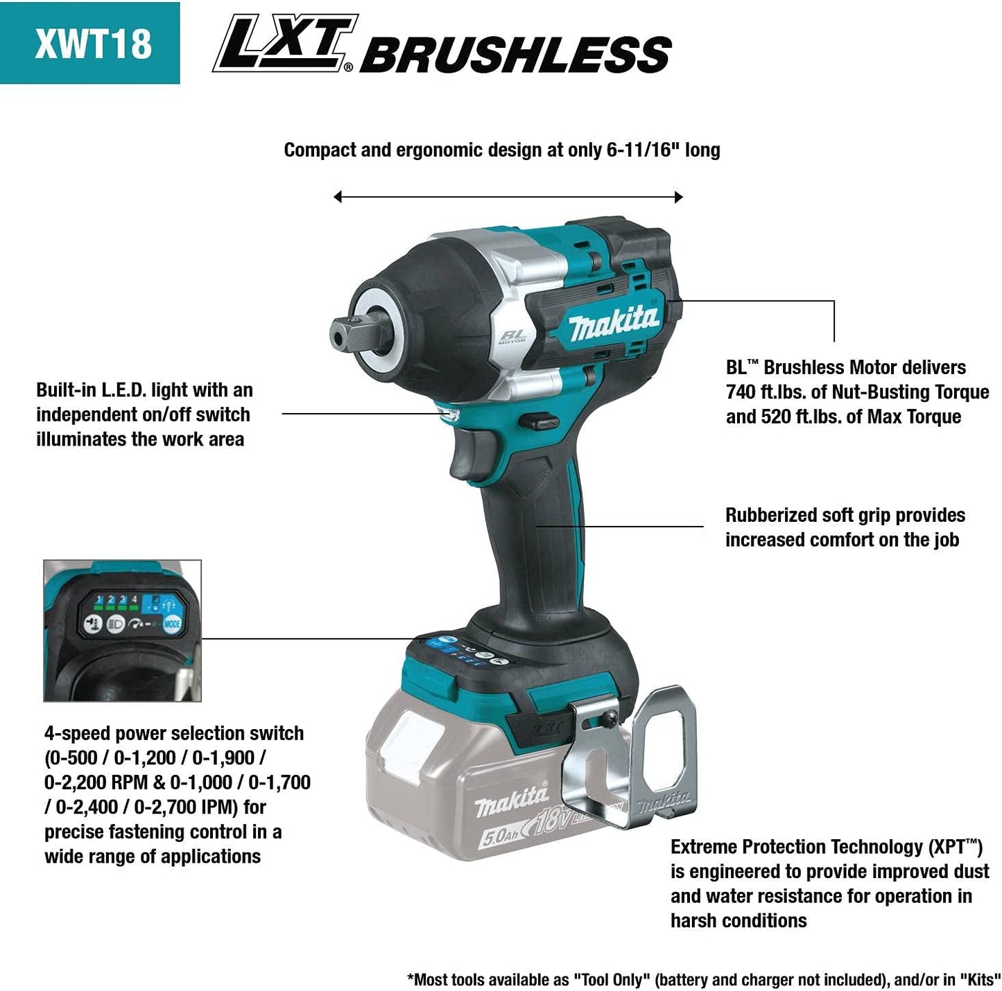 Makita XWT18XVZ 18V LXT® Lithium‘Ion Brushless Cordless 4‘Speed Mid‘Torque 1/2" Sq. Drive Utility Impact Wrench w/ Detent Anvil, Tool Only