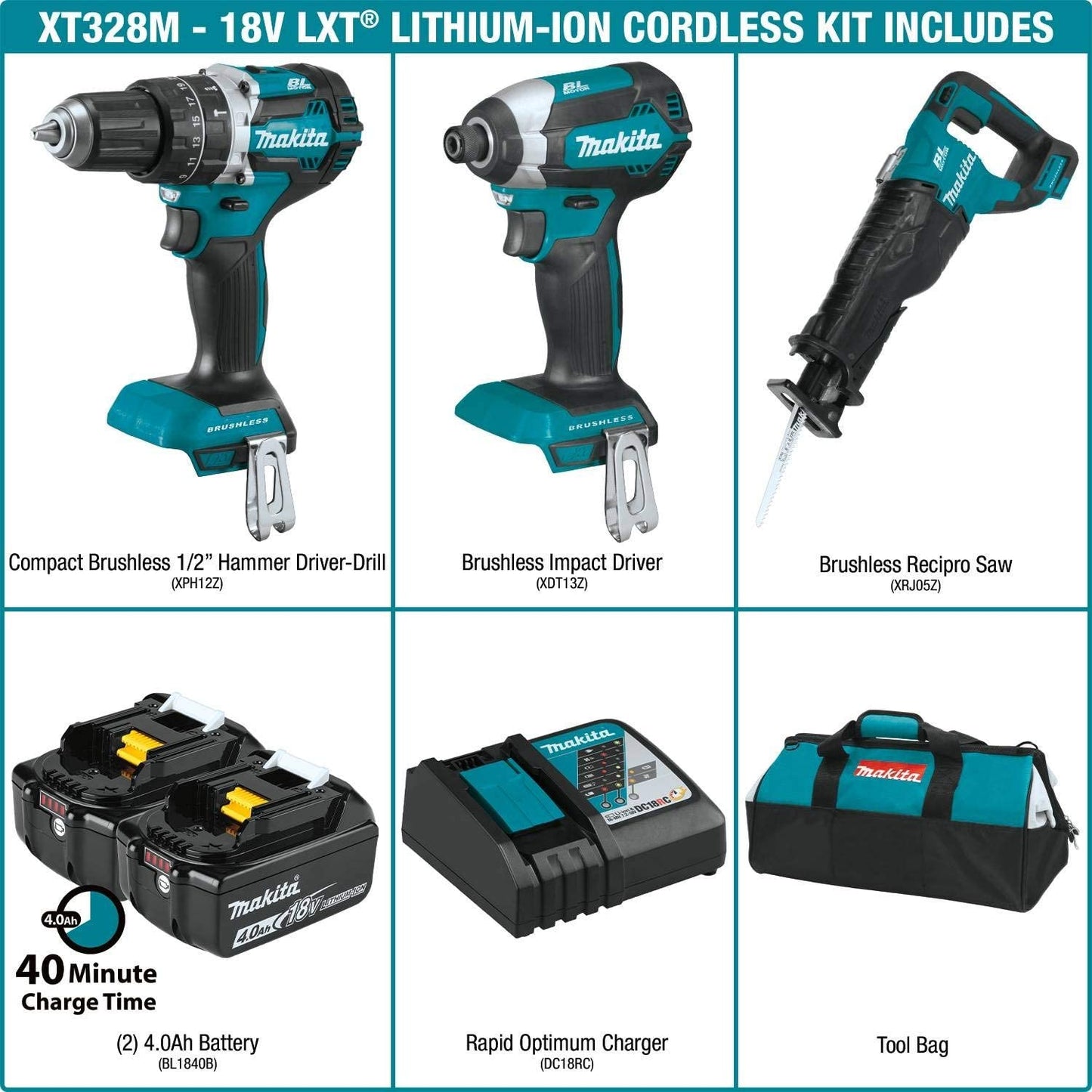 Makita XT328M 18V LXT® Lithium‘Ion Brushless Cordless 3‘Pc. Combo Kit (4.0Ah)