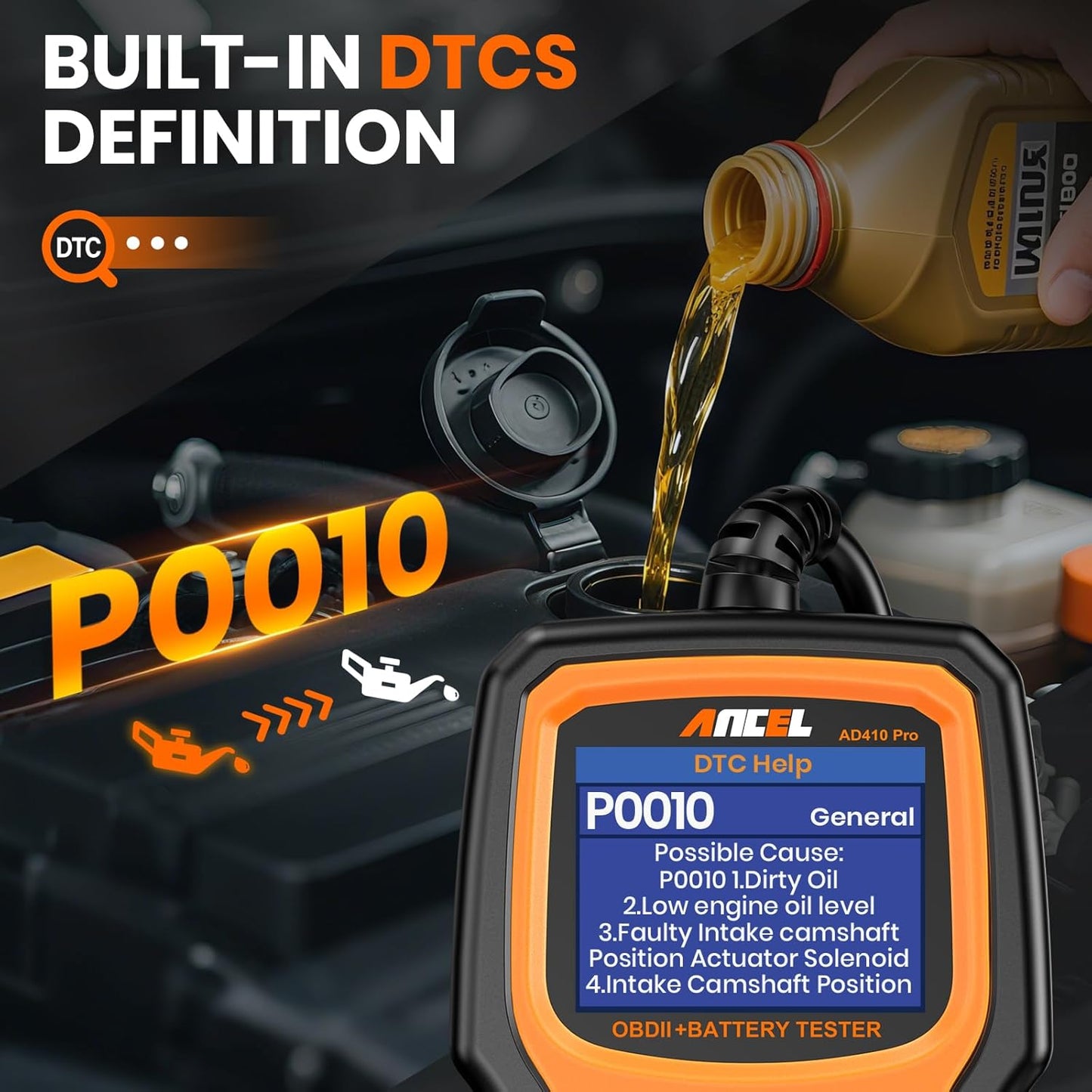 Ancel AD410 PRO 2-in-1 OBD2 Car Code Reader & Battery Load Tester – Engine Scanner with Live Data, EVAP Test & 6V/12V Battery Analyzer