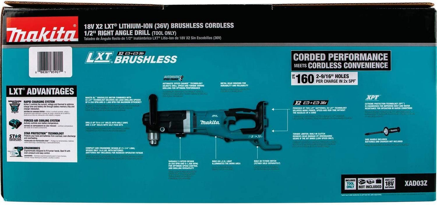 Makita XAD03Z 36V (18V X2) LXT® Brushless 1/2" Right Angle Drill, Tool Only