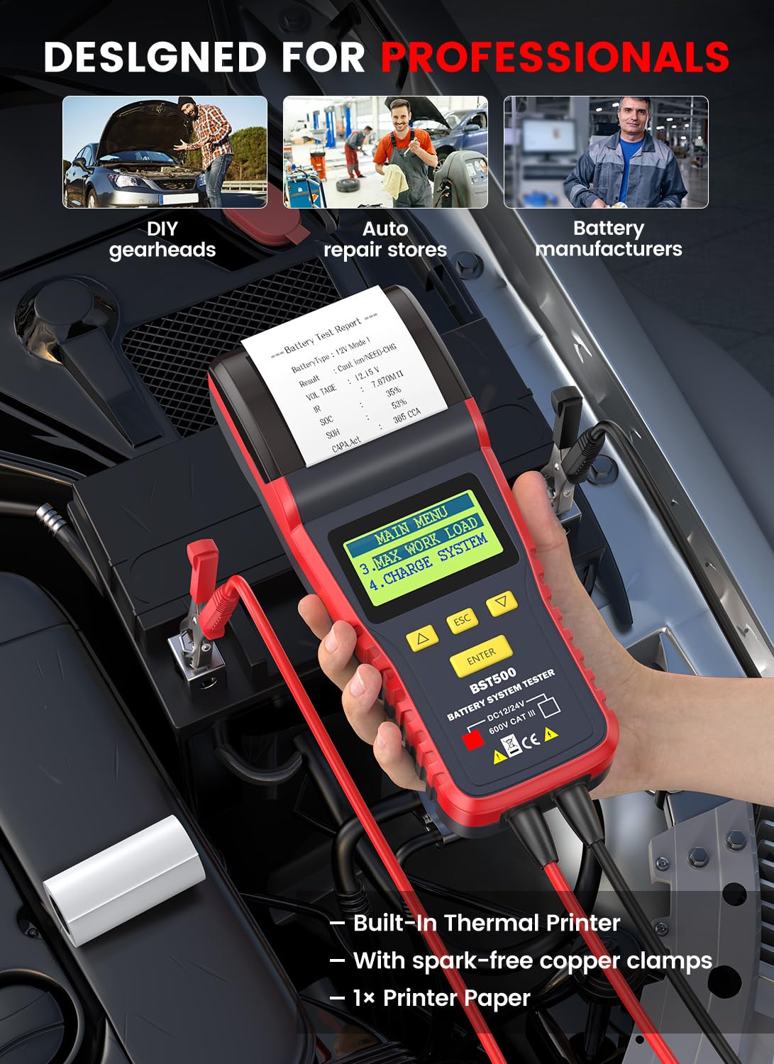Ancel BST500 12V & 24V Automotive Battery Load Tester with Printer – Professional Car & Truck Battery Analyzer