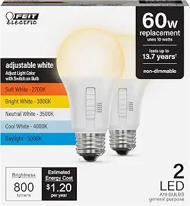 Feit Electric OM60/5CCT/15KLED/2 10W (60W Replacement) Adjustable White E26 Base A19 LED Bulb (2-Pack)