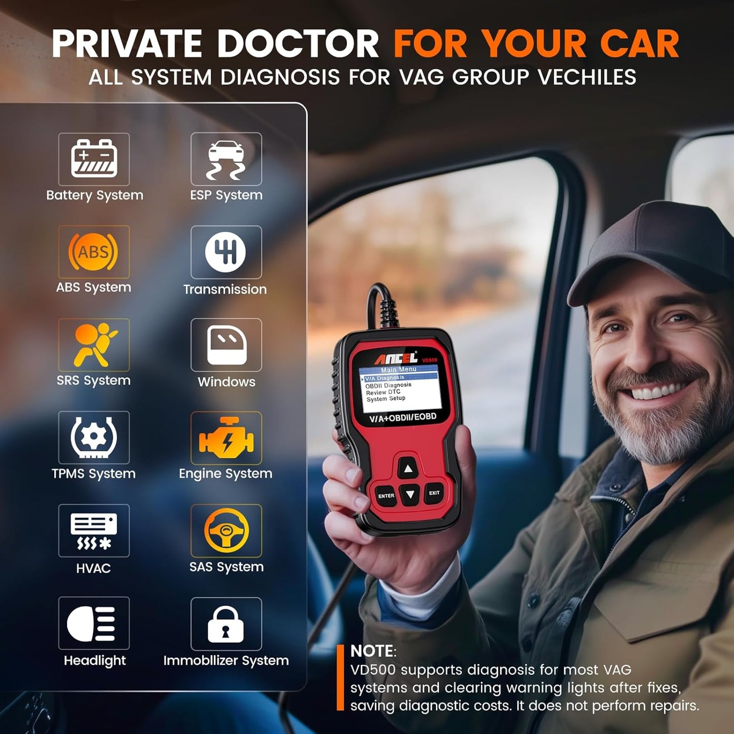 Ancel VD500 Advanced OBD2 Diagnostic Scanner & VAG Special Function Tool