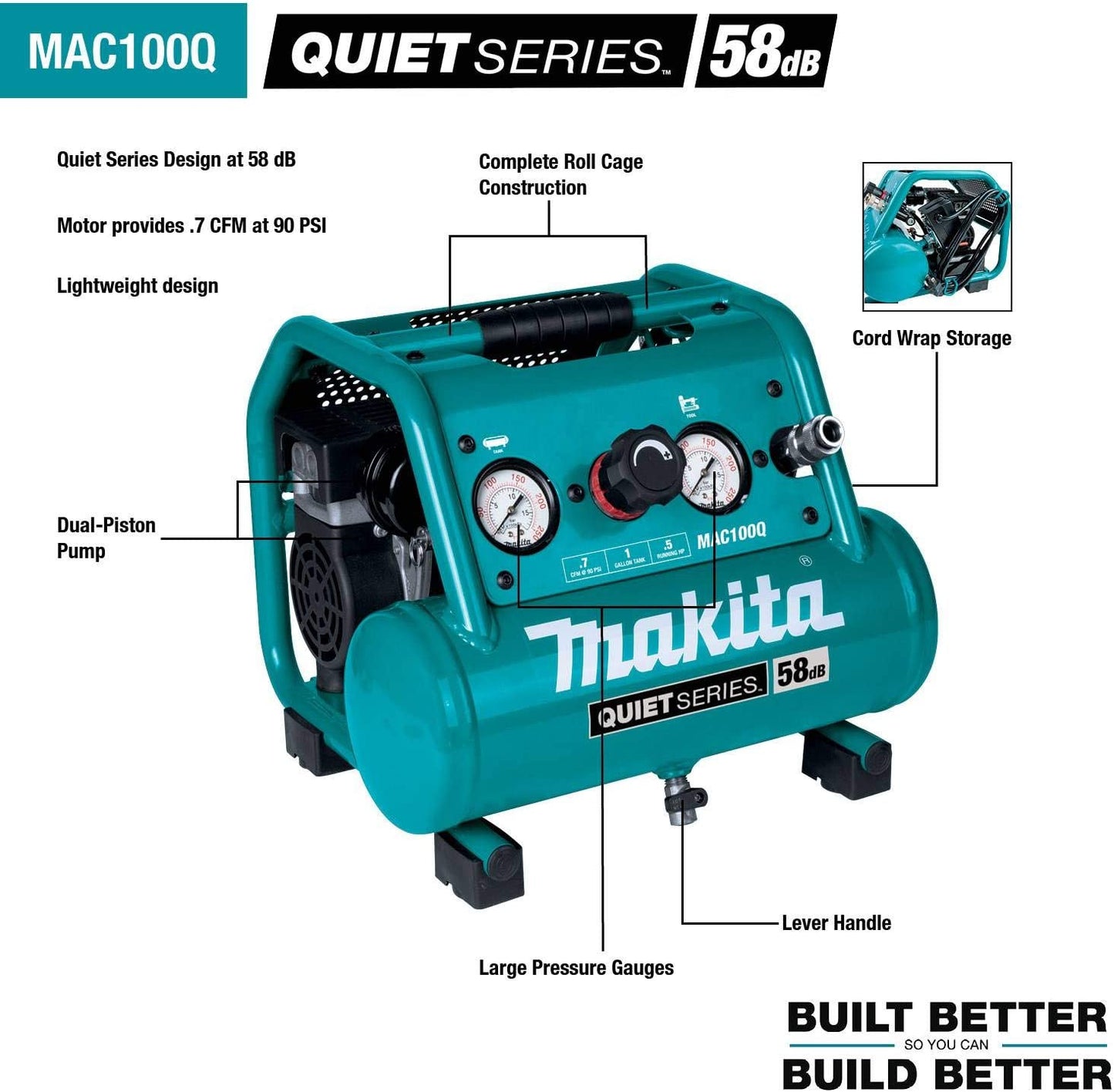 Makita MAC100QK1 Quiet Series 1/2 HP, 1 Gallon Compact, Oil‘Free, Electric Air Compressor, and 18 Gauge Brad Nailer Combo Kit