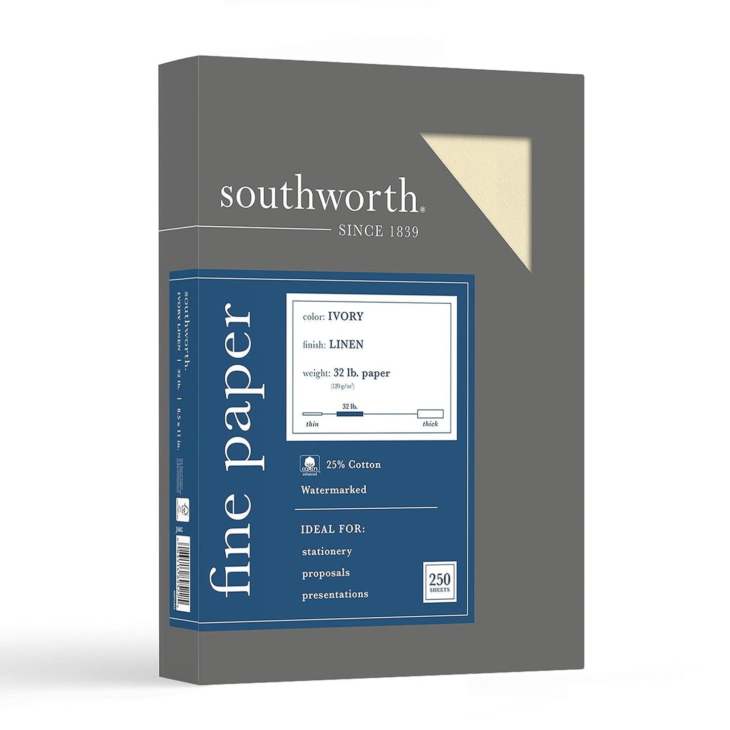Southworth SOUJ568C Linen Business Paper - Letter - 8.50" X 11" - 32 Lb Basis Weight - Recycled - 55% Recycled Content - Linen, Textured - 250 / Box - Ivory
