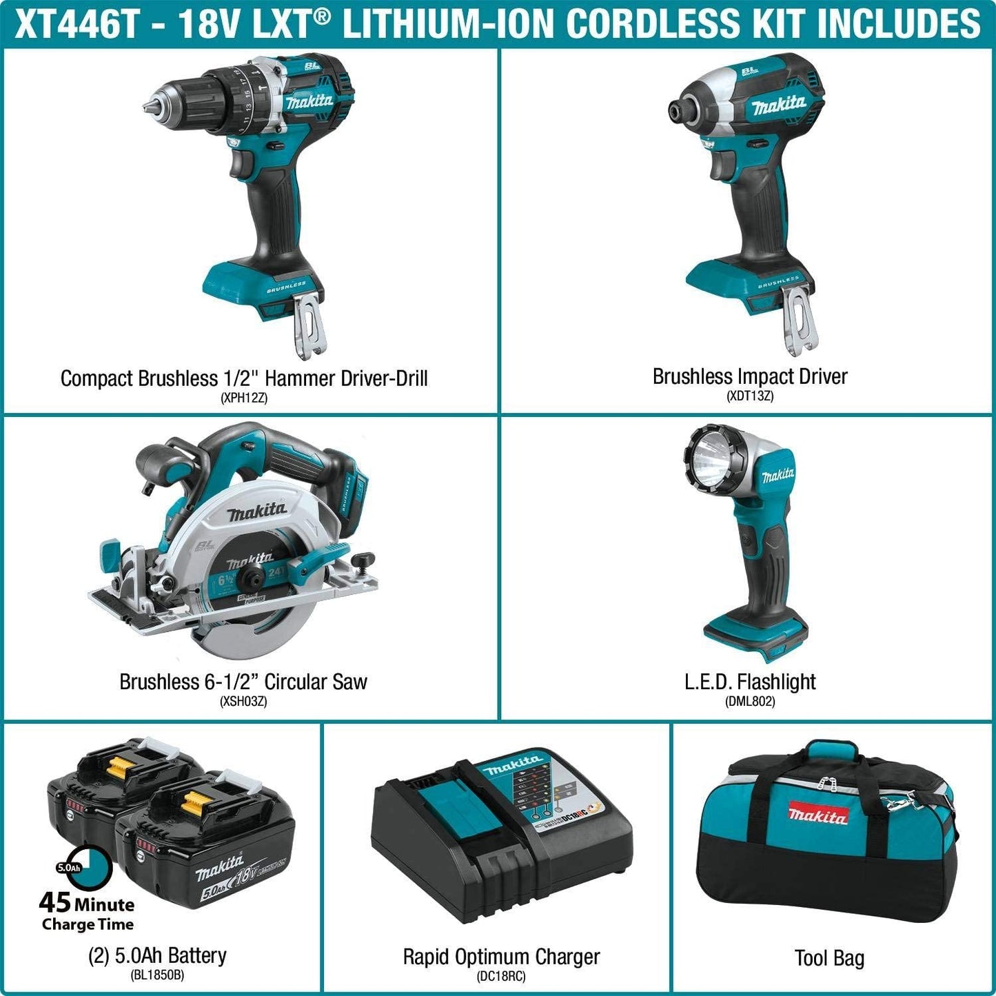 Makita XT446T 18V LXT® Lithium‘Ion Brushless Cordless 4‘Pc. Combo Kit (5.0Ah)