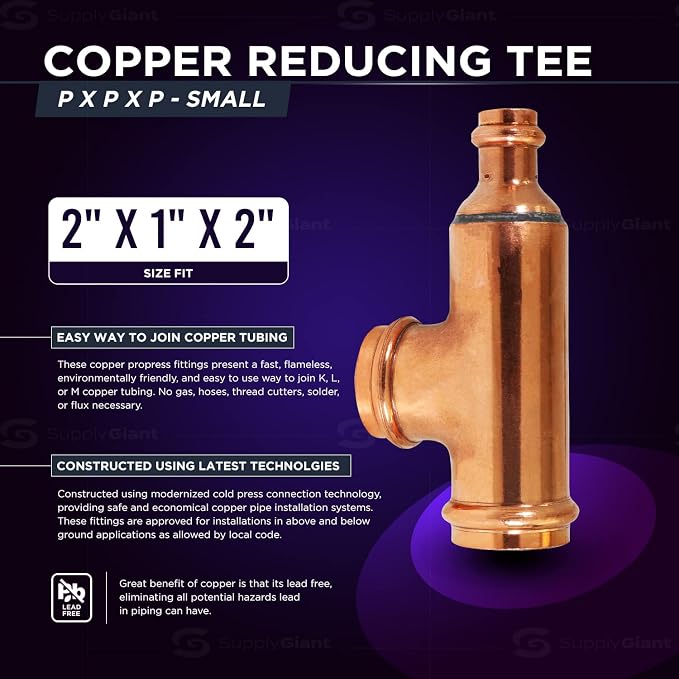 Everflow PCRT2516 2 1/2 x 1 1/2 x 2 Copper Tee, P x P x P, 2-1/2'' x 1-1/2'' x 2''