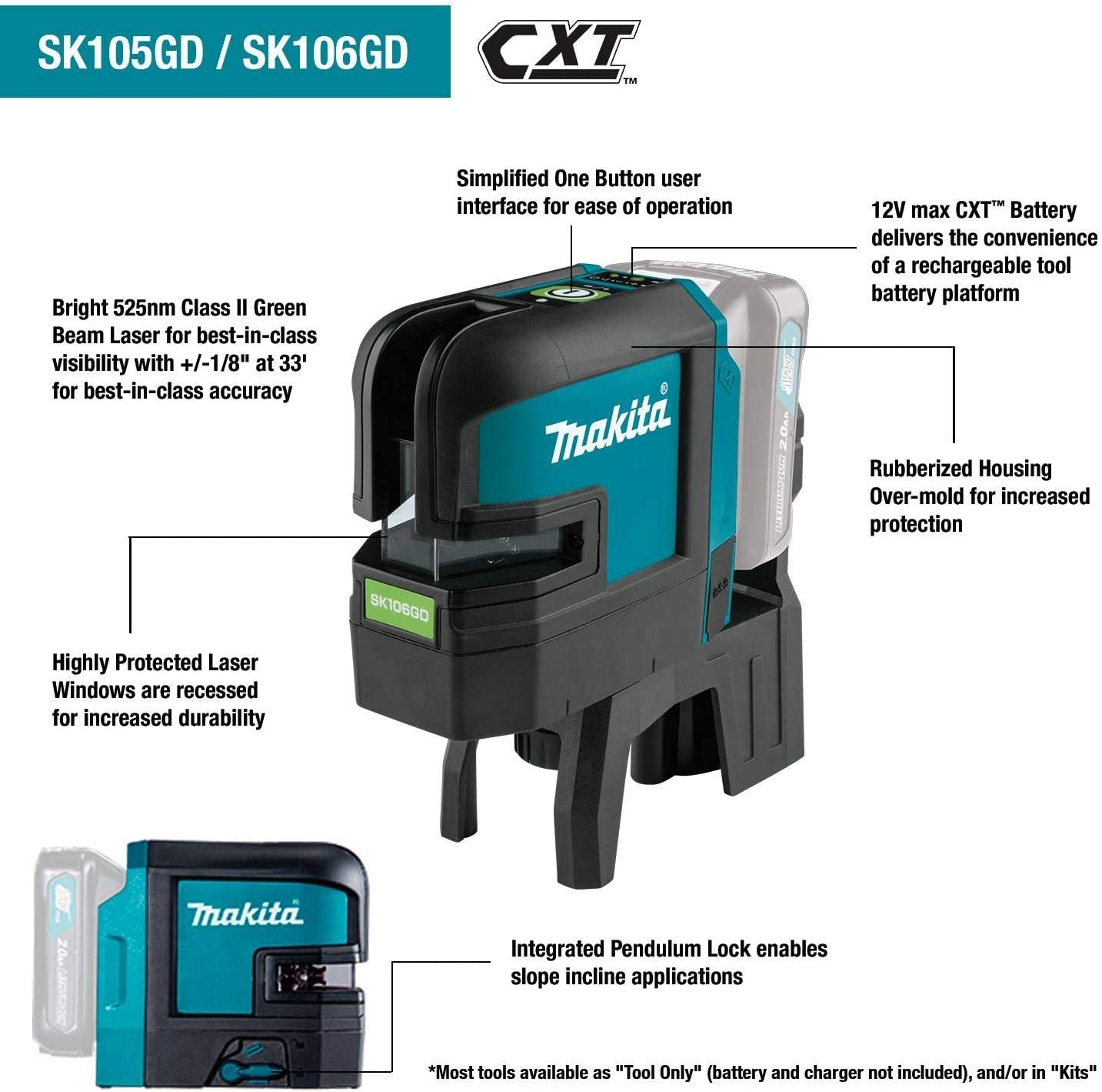 Makita SK106GDNAX 12V max CXT® Lithium‘Ion Cordless Self‘Leveling Cross‘Line/4‘Point Green Beam Laser Kit (2.0Ah)