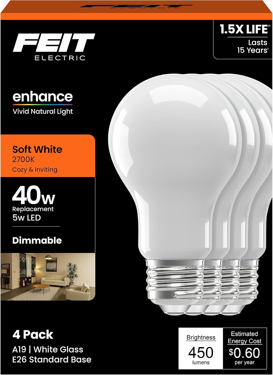 Feit Electric A1940/927CA/FIL/4/GB 5W (40W Replacement) Soft White (2700K) A19 Medium E26 Base Enhance Dimmable General Purpose LED Light Bulb (4-Pack)
