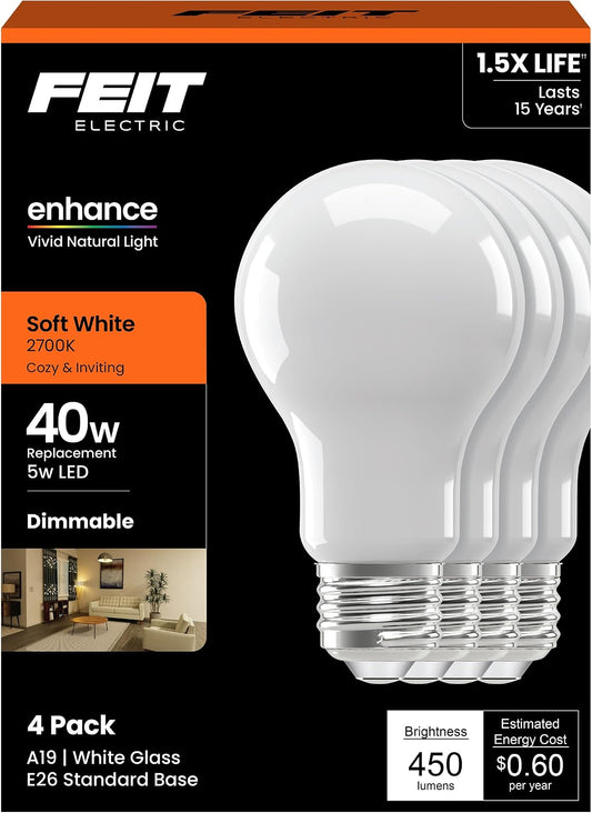 Feit Electric A1940/927CA/FIL/4/GB 5W (40W Replacement) Soft White (2700K) A19 Medium E26 Base Enhance Dimmable General Purpose LED Light Bulb (4-Pack)