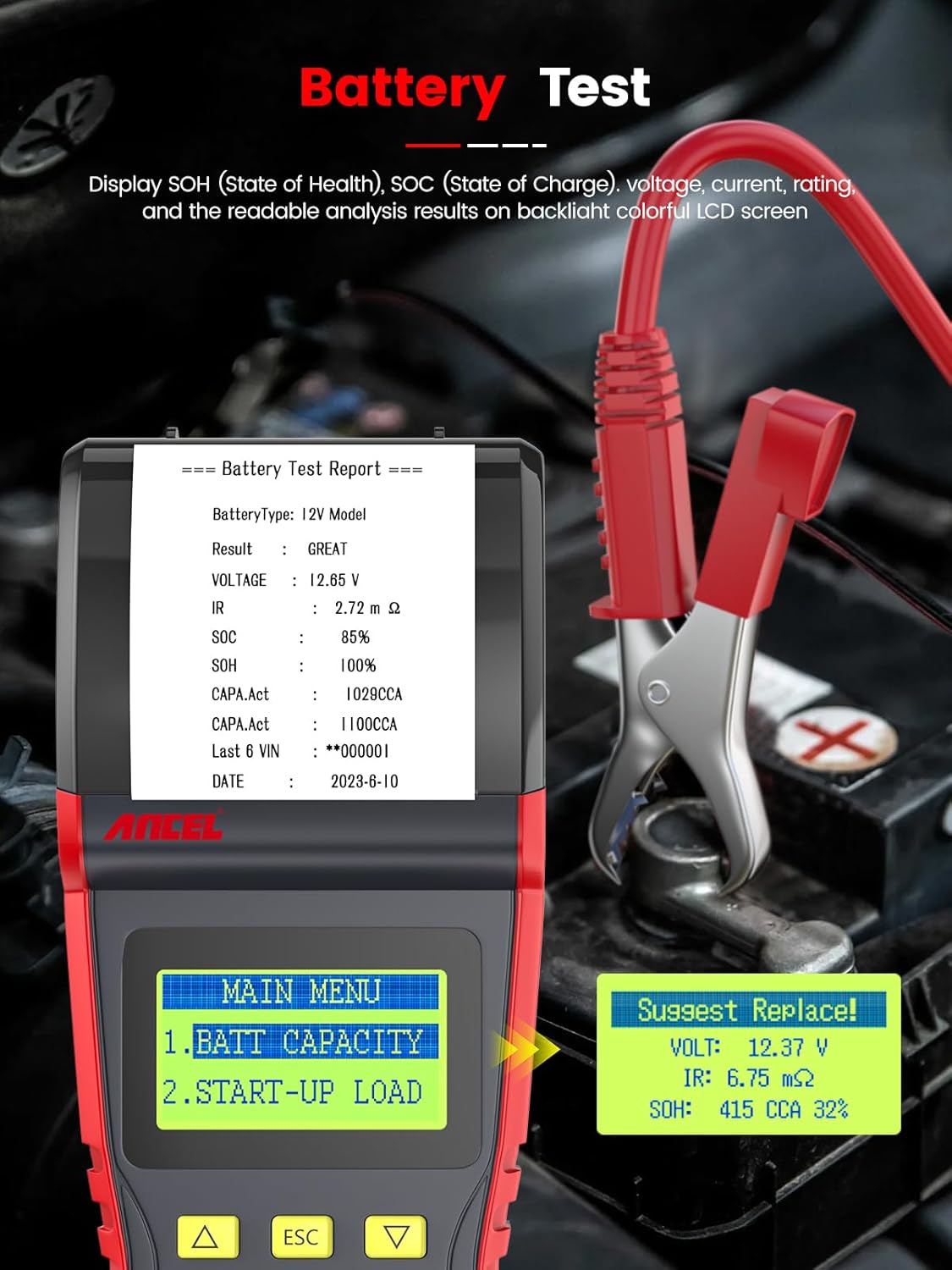 Ancel BST500 12V & 24V Automotive Battery Load Tester with Printer – Professional Car & Truck Battery Analyzer