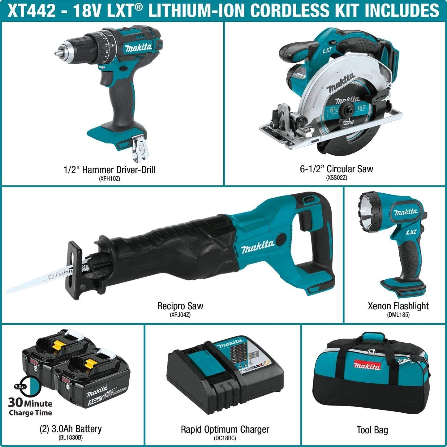 Makita XT442 18V LXT® Lithium‘Ion Cordless 4‘Pc. Combo Kit (3.0Ah)