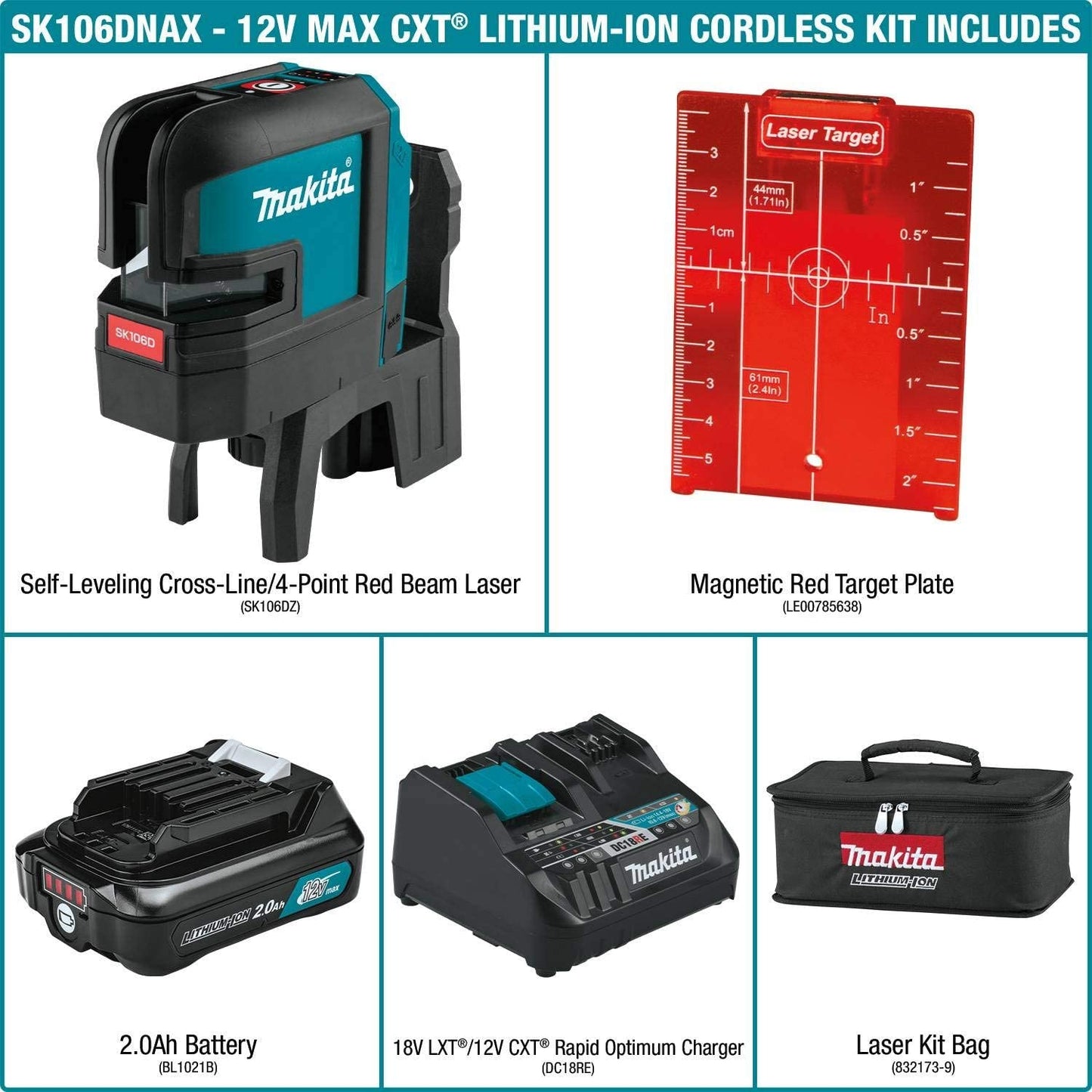 Makita SK106DNAX 12V max CXT® Lithium‘Ion Cordless Self‘Leveling Cross‘Line/4‘Point Red Beam Laser Kit (2.0Ah)