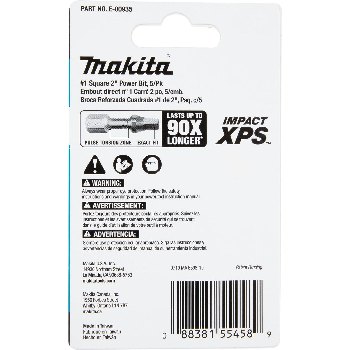 Makita E-00935 Impact XPS® #1 Square 2" Power Bit, 5/pk