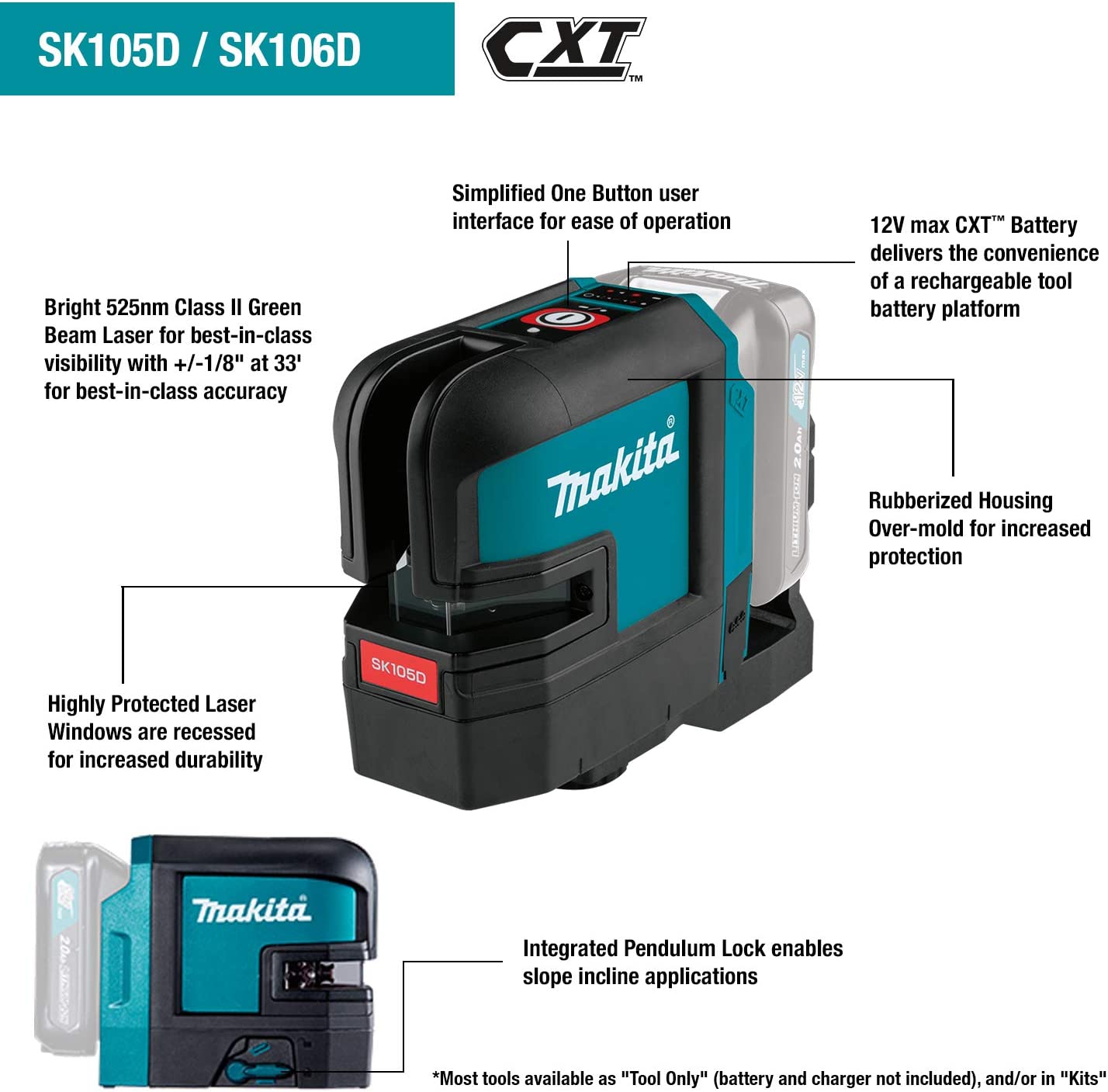 Makita SK106DNAX 12V max CXT® Lithium‘Ion Cordless Self‘Leveling Cross‘Line/4‘Point Red Beam Laser Kit (2.0Ah)