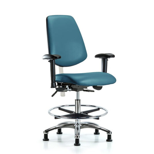 Blue Ridge Ergonomics NCR-VMBCH-CR-T1-A1-CF-RG-8605 Class 100 Vinyl Clean Room Chair - Medium Bench Height with Seat Tilt, Adjustable Arms, Chrome Foot Ring, & Stationary Glides in Charcoal Trailblazer™ Vinyl