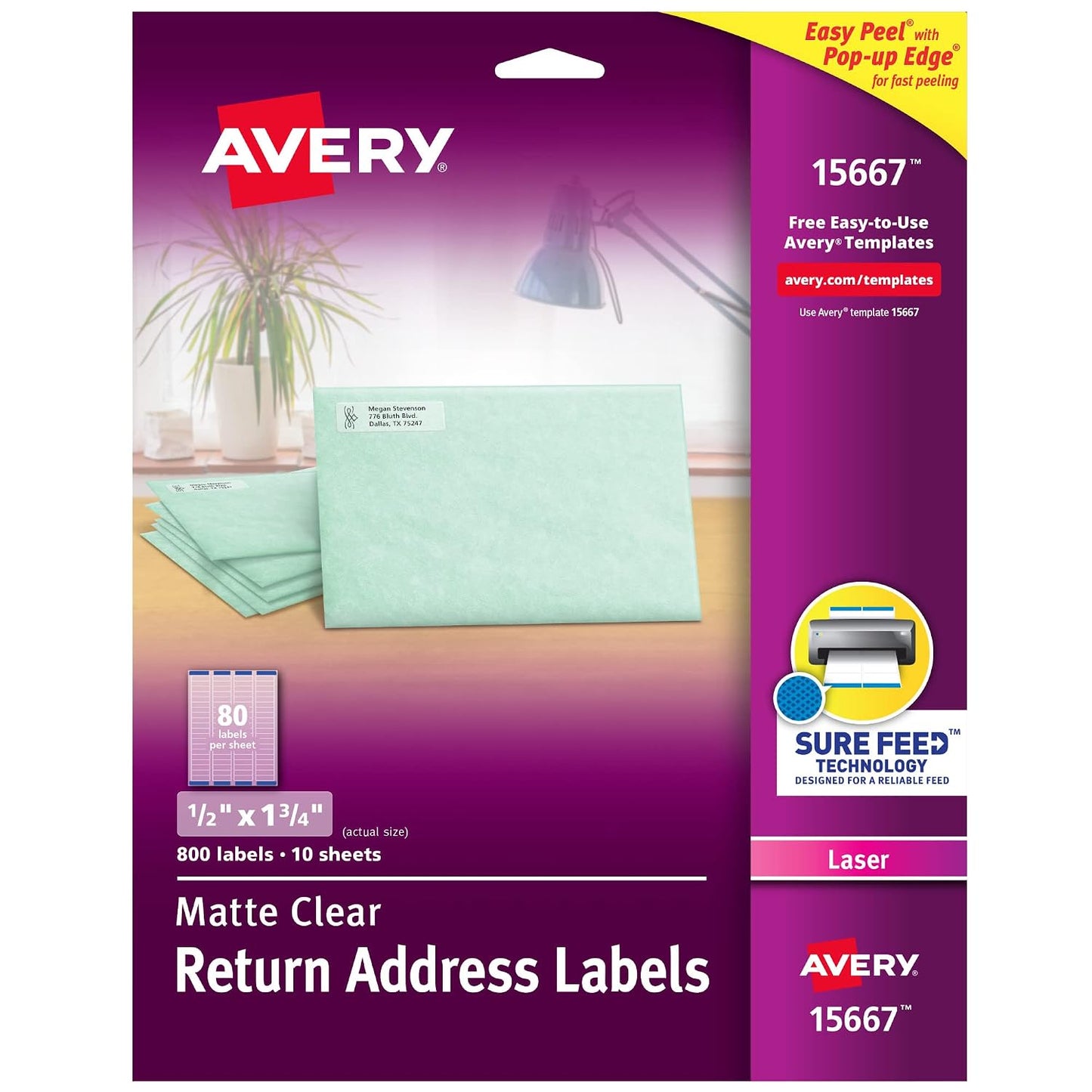 Avery® AVE18667 Easy Peel Return Address Label - Permanent Adhesive - 0.50" Width X 1.75" Length - 80 / Sheet - Rectangle - Inkjet - Clear - 800 / Pack