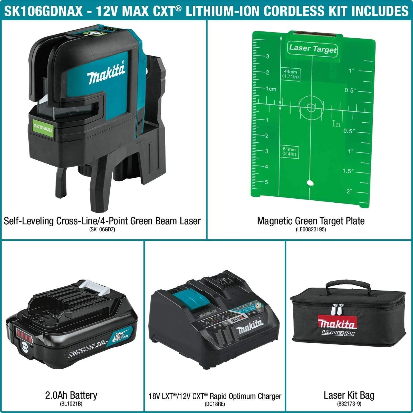 Makita SK106GDNAX 12V max CXT® Lithium‘Ion Cordless Self‘Leveling Cross‘Line/4‘Point Green Beam Laser Kit (2.0Ah)