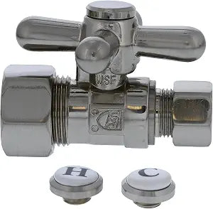 Jones Stephens S4303BN 5/8" OD Comp x 3/8" OD Comp Quarter-Turn Straight Supply Stop Valve with Cross Handle, Brushed Nickel