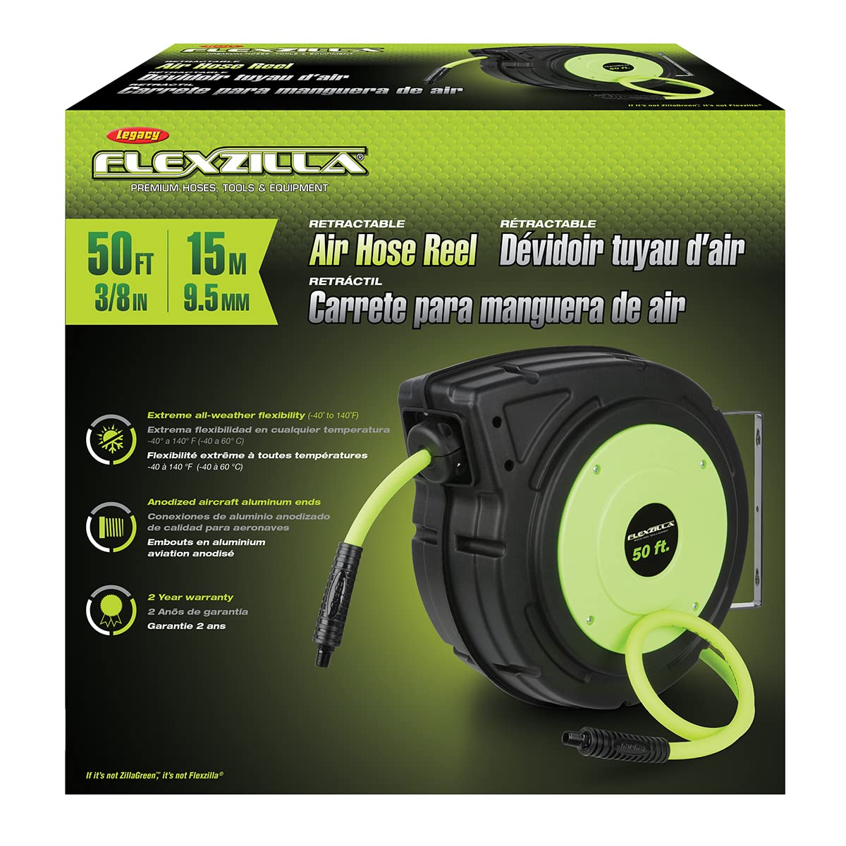 FlexZilla L8250FZ Enclosed Plastic Retractable Air Hose Reel, 3/8" x 50'