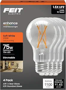 Feit Electric A1975/927CA/FIL/4/GB 12W (75W Replacement) Soft White (2700K) A19 Medium E26 Base Enhance Dimmable General Purpose LED Light Bulb (4-Pack)