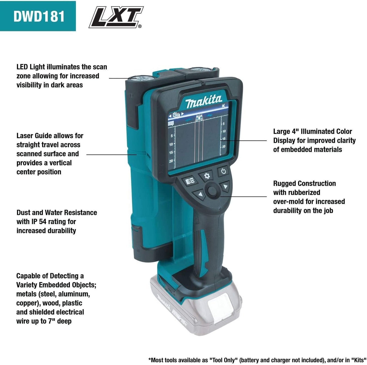 Makita DWD181R1J 18V LXT® Lithium‘Ion Cordless Multi‘Surface Scanner Kit (2.0Ah), with Interlocking Storage Case