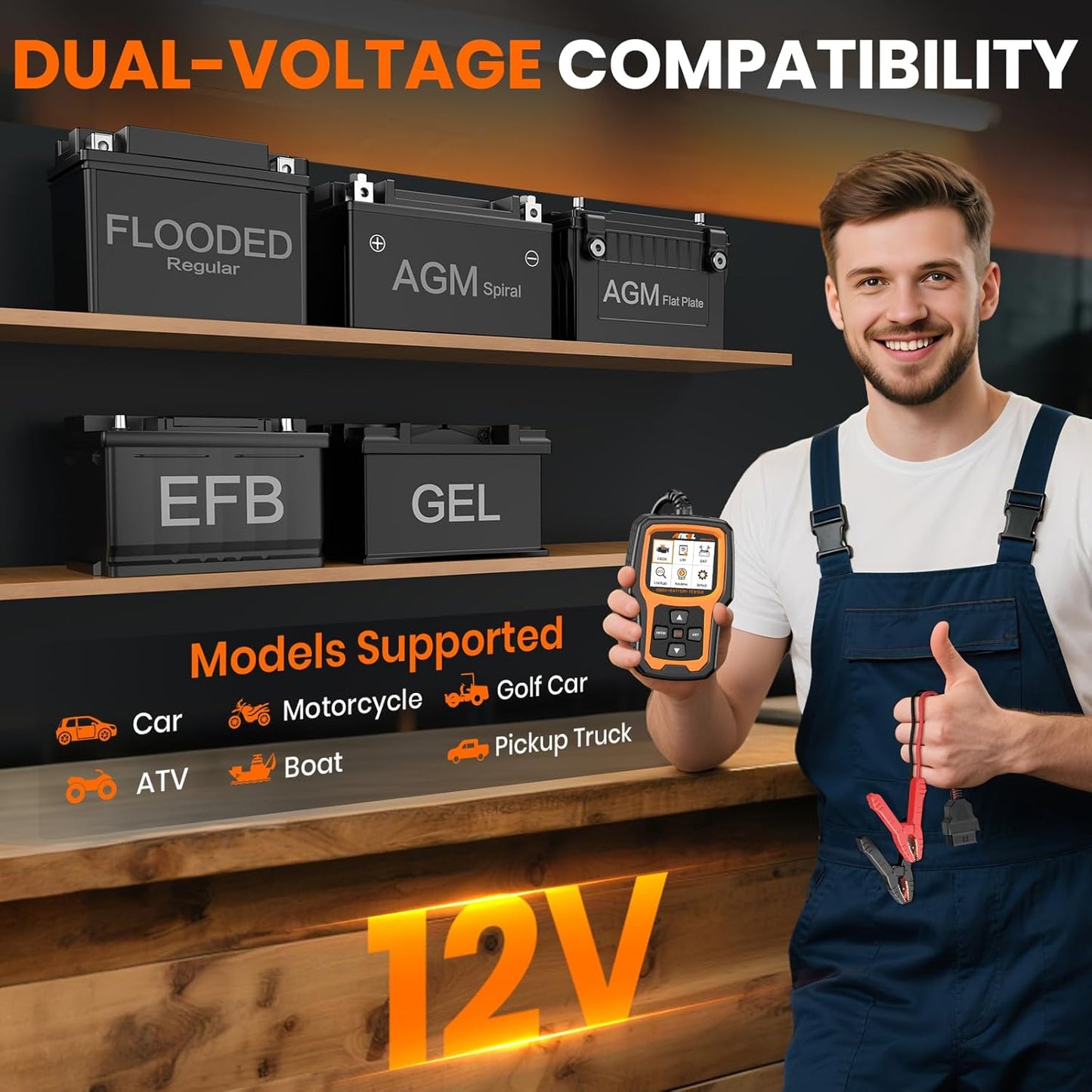 Ancel AD410 PRO 2-in-1 OBD2 Car Code Reader & Battery Load Tester – Engine Scanner with Live Data, EVAP Test & 6V/12V Battery Analyzer