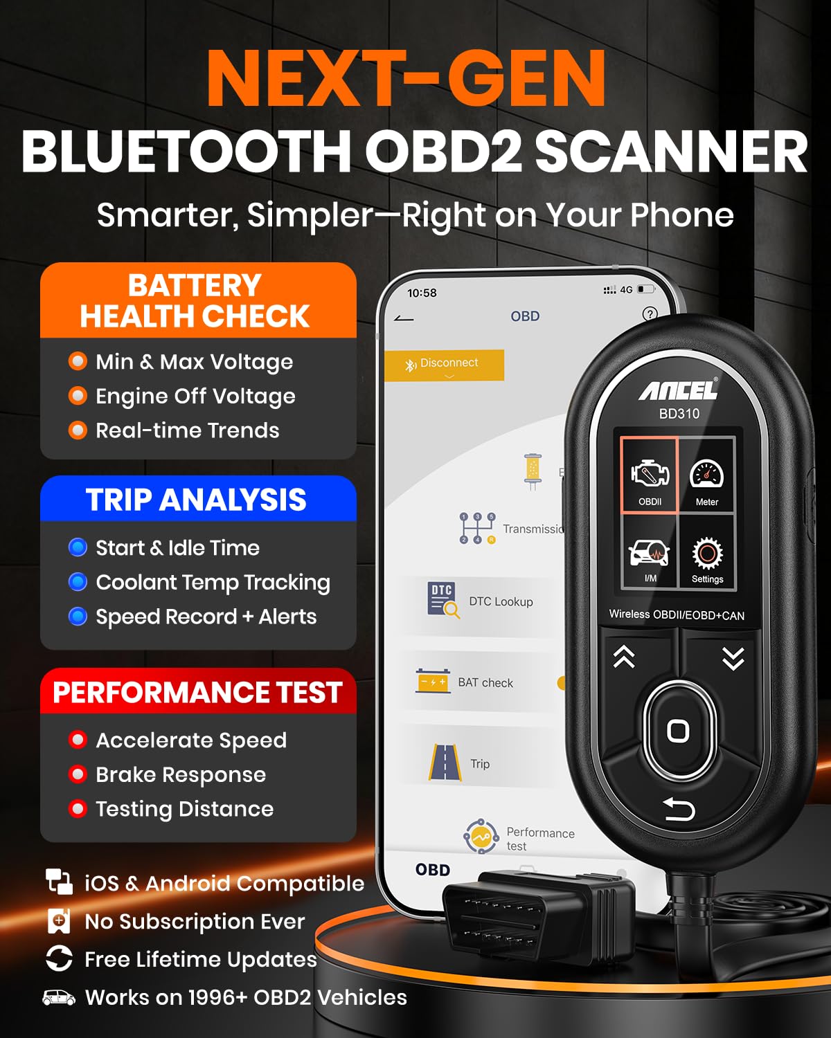 Ancel BD310 Bluetooth & Handheld OBD2 Scanner – Real-Time Performance Monitor & Code Reader