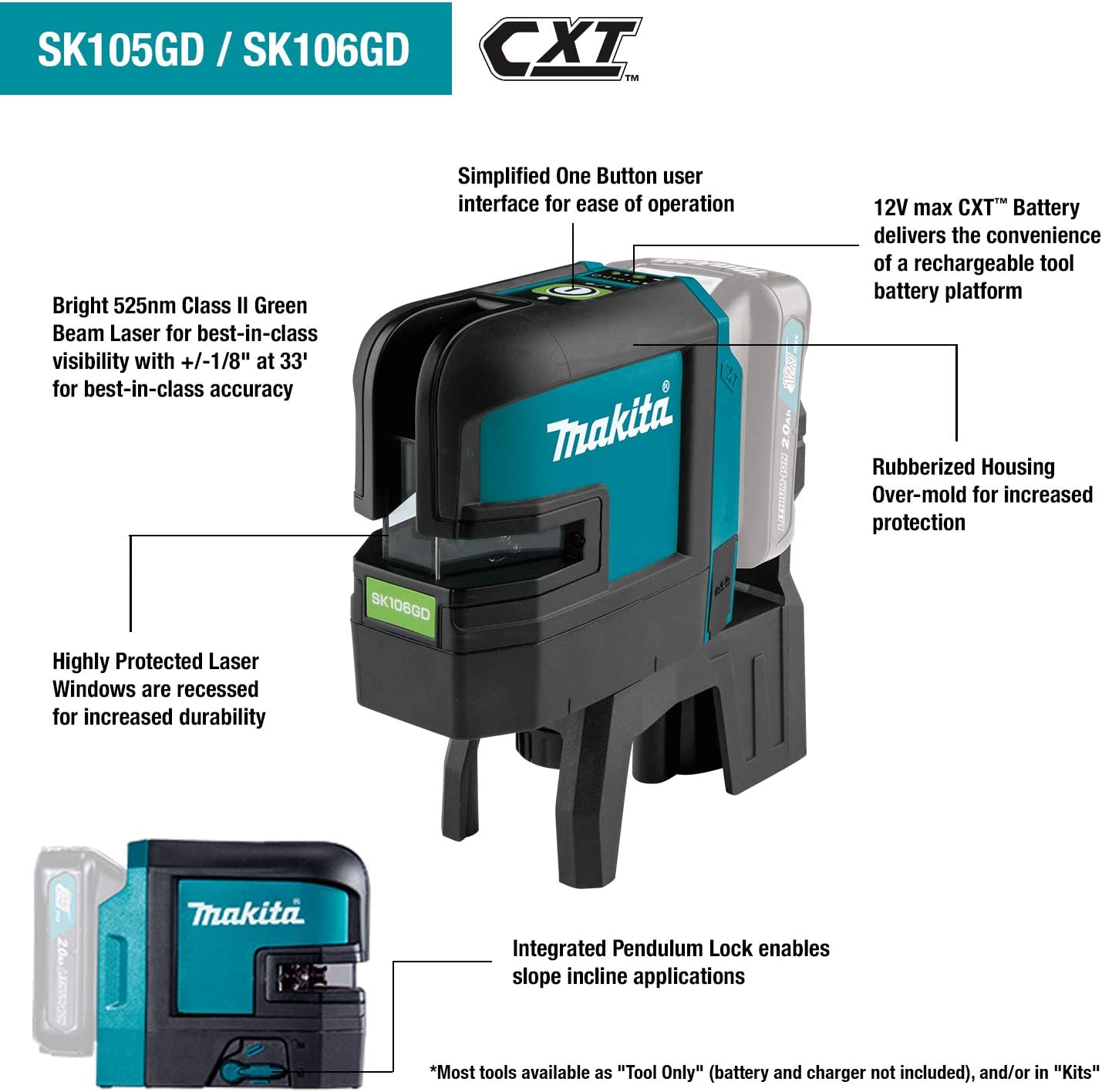 Makita SK106GDZ 12V max CXT® Lithium‘Ion Cordless Self‘Leveling Cross‘Line/4‘Point Green Beam Laser, Tool Only