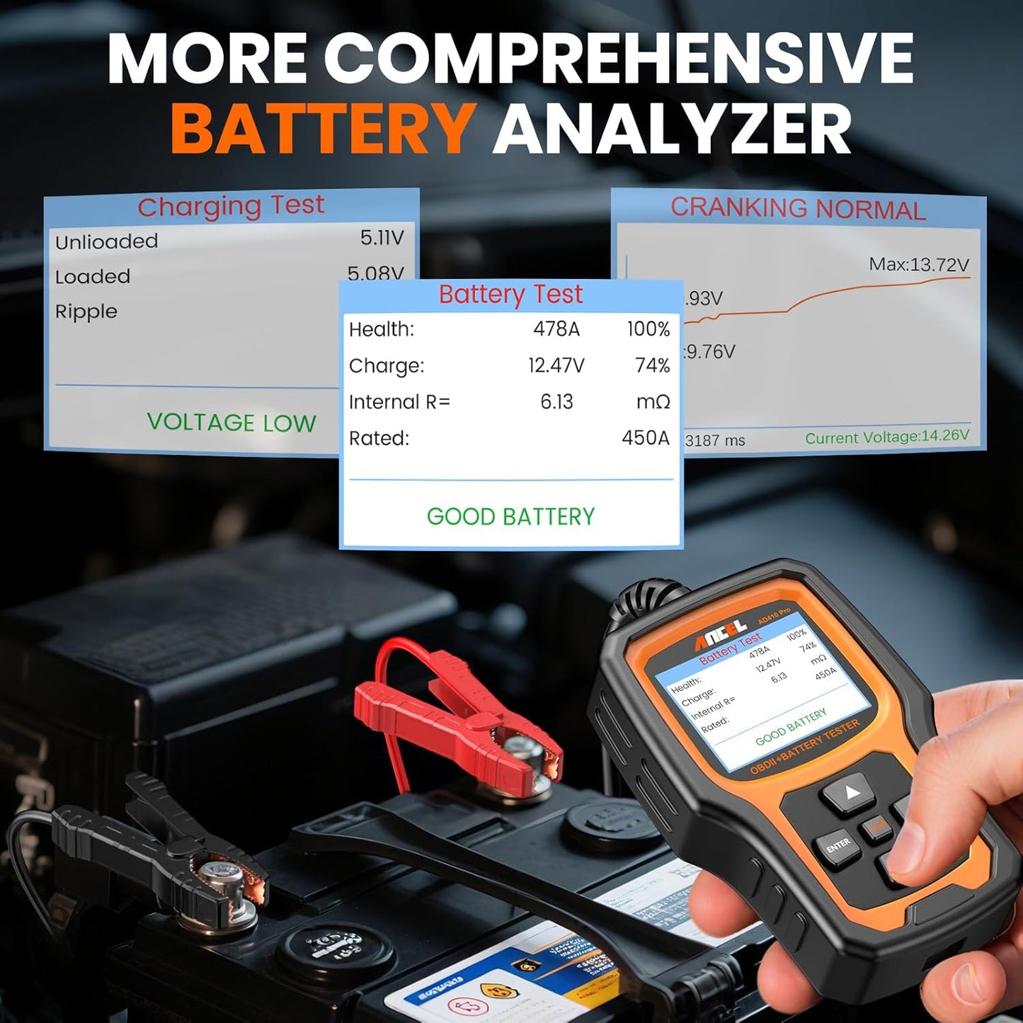 Ancel AD410 PRO 2-in-1 OBD2 Car Code Reader & Battery Load Tester – Engine Scanner with Live Data, EVAP Test & 6V/12V Battery Analyzer