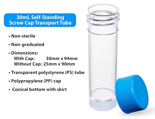 Globe Scientific 109217 Container Universal 30mL Attached Screwcap PS Conical Bottom Self-Standing 100/Bag 5 Bags/Unit