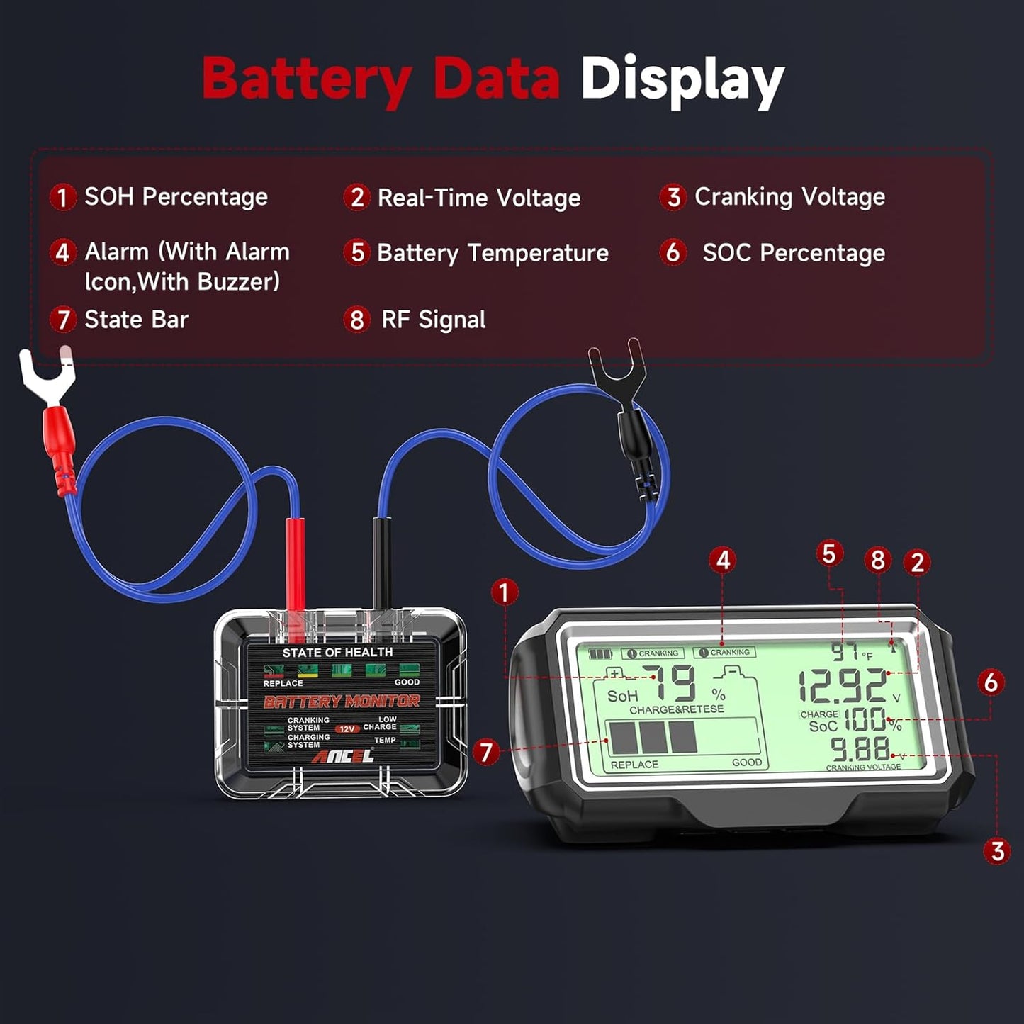 Ancel BM200 PRO 12V Battery Monitor & Tester – Wireless RF Display Battery Health, Voltage, Temperature & Cranking/Charging System Analyzer