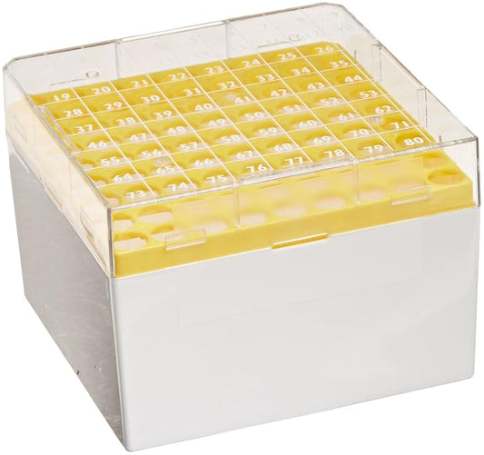 Globe Scientific 3042Y BioBOX 81 for 3.0mL 4.0mL and 5.0mL CryoCLEAR and CryoGen vials Polycarbonate (PC) Holds 81 vials (9x9 format) Printed Lid YELLOW