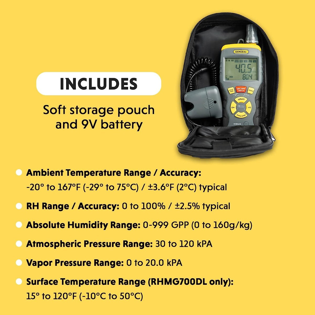 General Tools RHMG650 9-In-1 Temperature-Humidity Meter With Pin/Pinless Moisture Meter