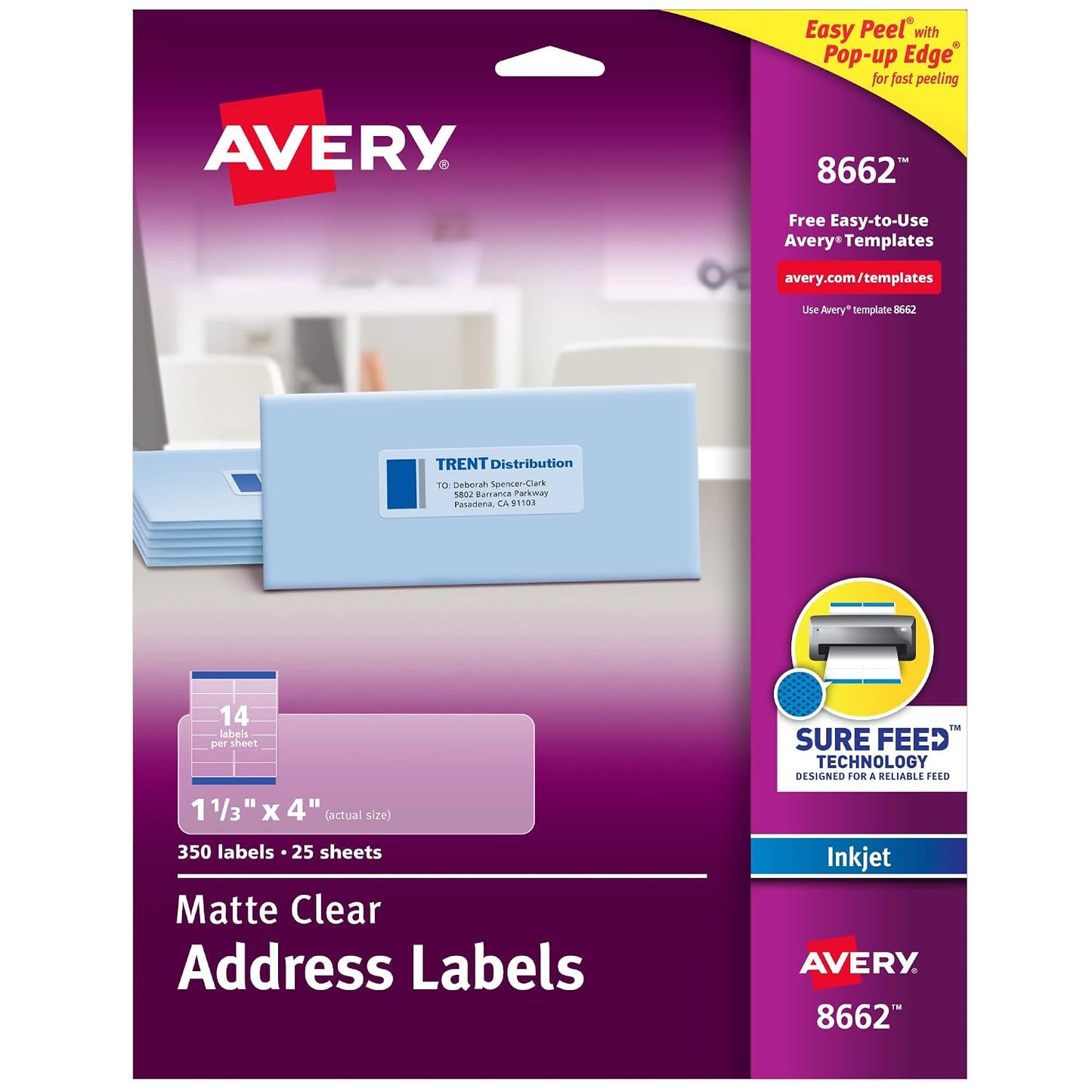 Avery® AVE8662 Easy Peel Mailing Label - Permanent Adhesive - 1.33" Width X 4" Length - 14 / Sheet - Rectangle - Inkjet - Clear - 350 / Pack