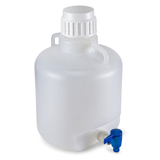 Globe Scientific 7220010 Carboy Round with Spigot and Handles PP White PP Screwcap 10 Liter Molded Graduations Autoclavable